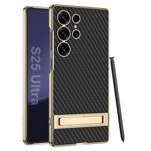 Leather Electroplated Protective Phone Case With Invisible Holder For Galaxy S26 S25 S24 S23 Ultra Plus
